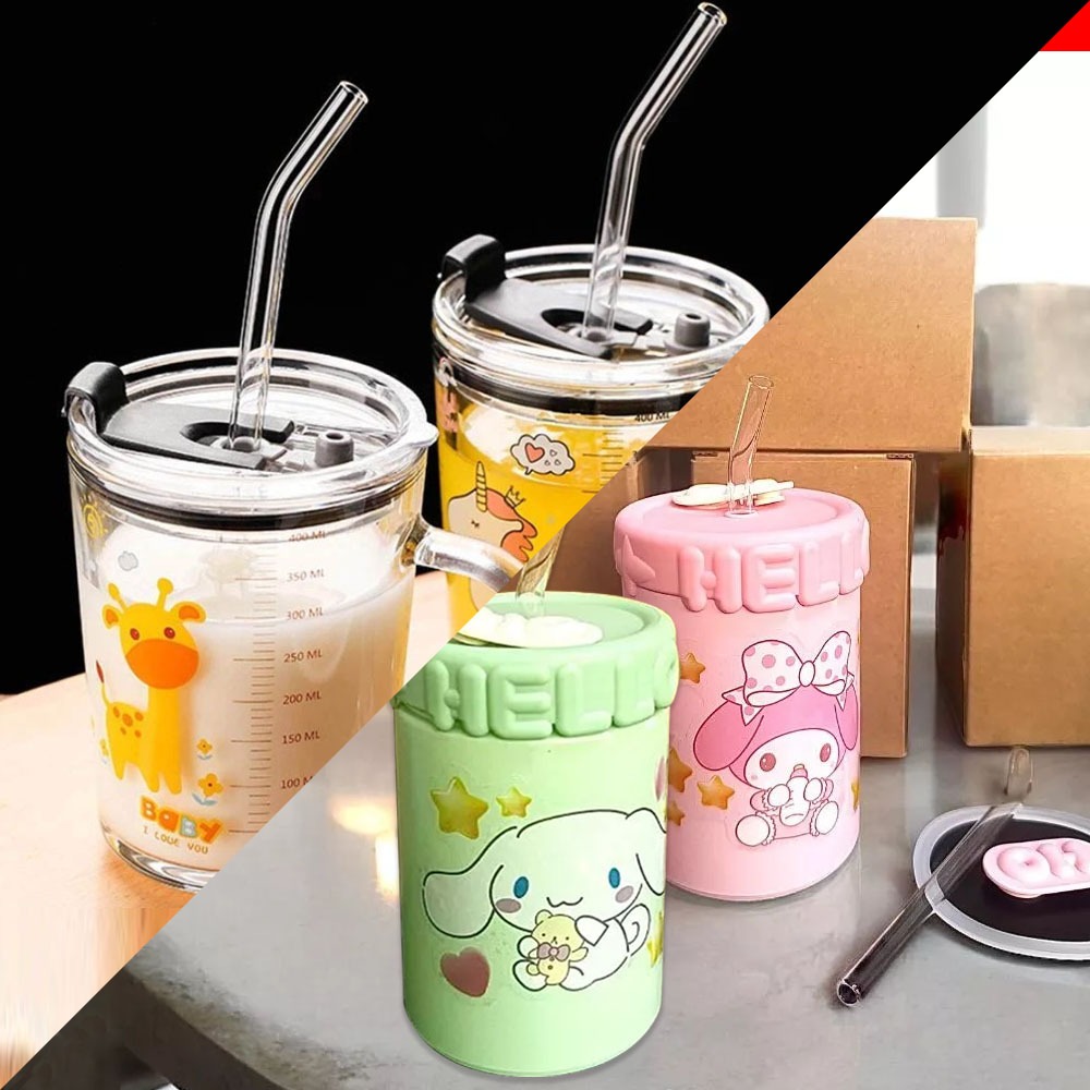 Gelas Minum Viral Kaca Anak Sedotan 400ml Motif Kartun - Tempat Minum Gelas Cangkir Minum Susu Kopi 