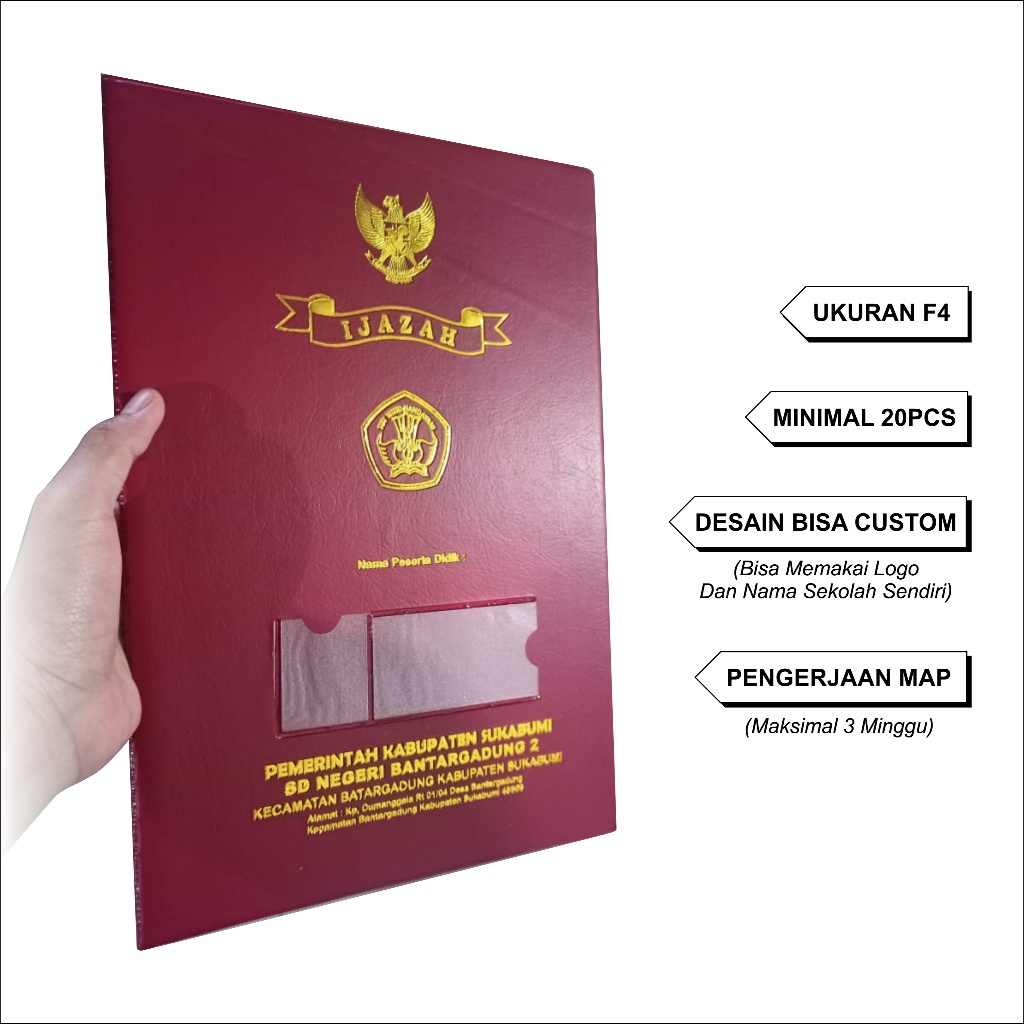 

(MIN. 20PCS) CETAK MAP IJAZAH TANPA ISI UNTUK RA KB TK PAUD SD SMP SMA SMK MI MTS MA