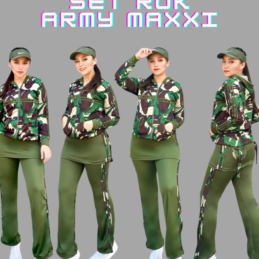 Gila Setelan Baju Senam Baju Aerobic Baju Zumba Olahraga Panjang Muslim Army Rok Hijau