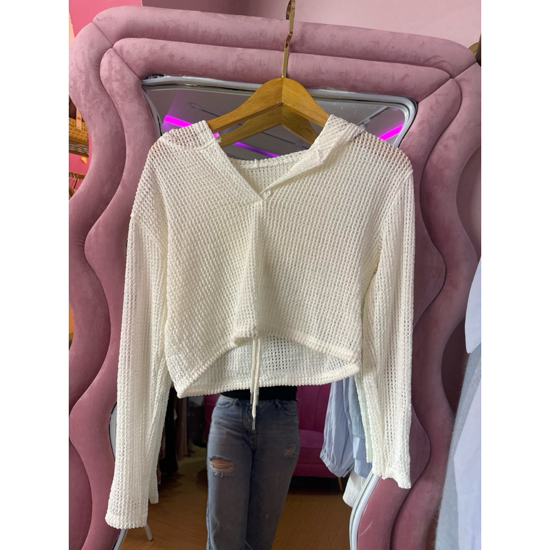 sweater crop rajut jaring-jaring