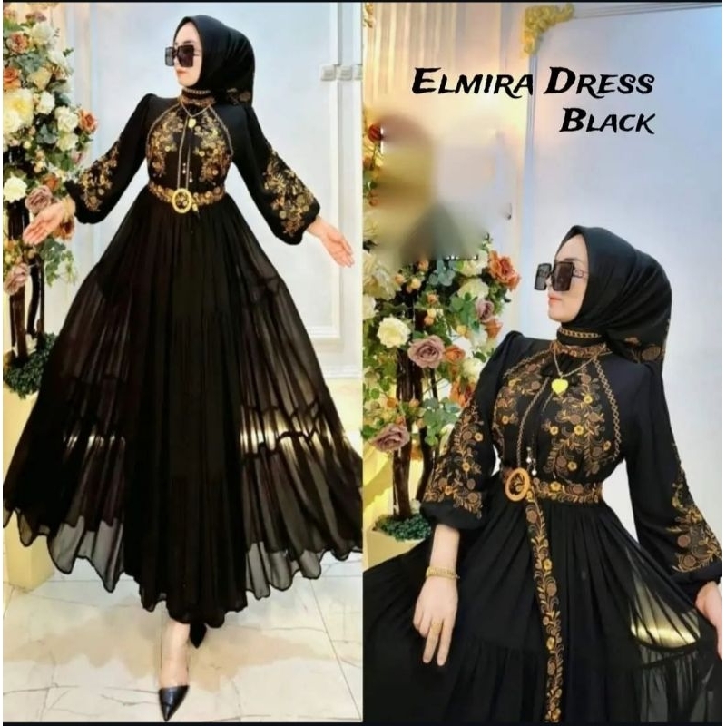 BORDIR ELMIRA DRESS / Gamis Muslim Bahan Ceruty Mix Bordir Full Puring Ukuran M L XL XXL / Gamis Bor