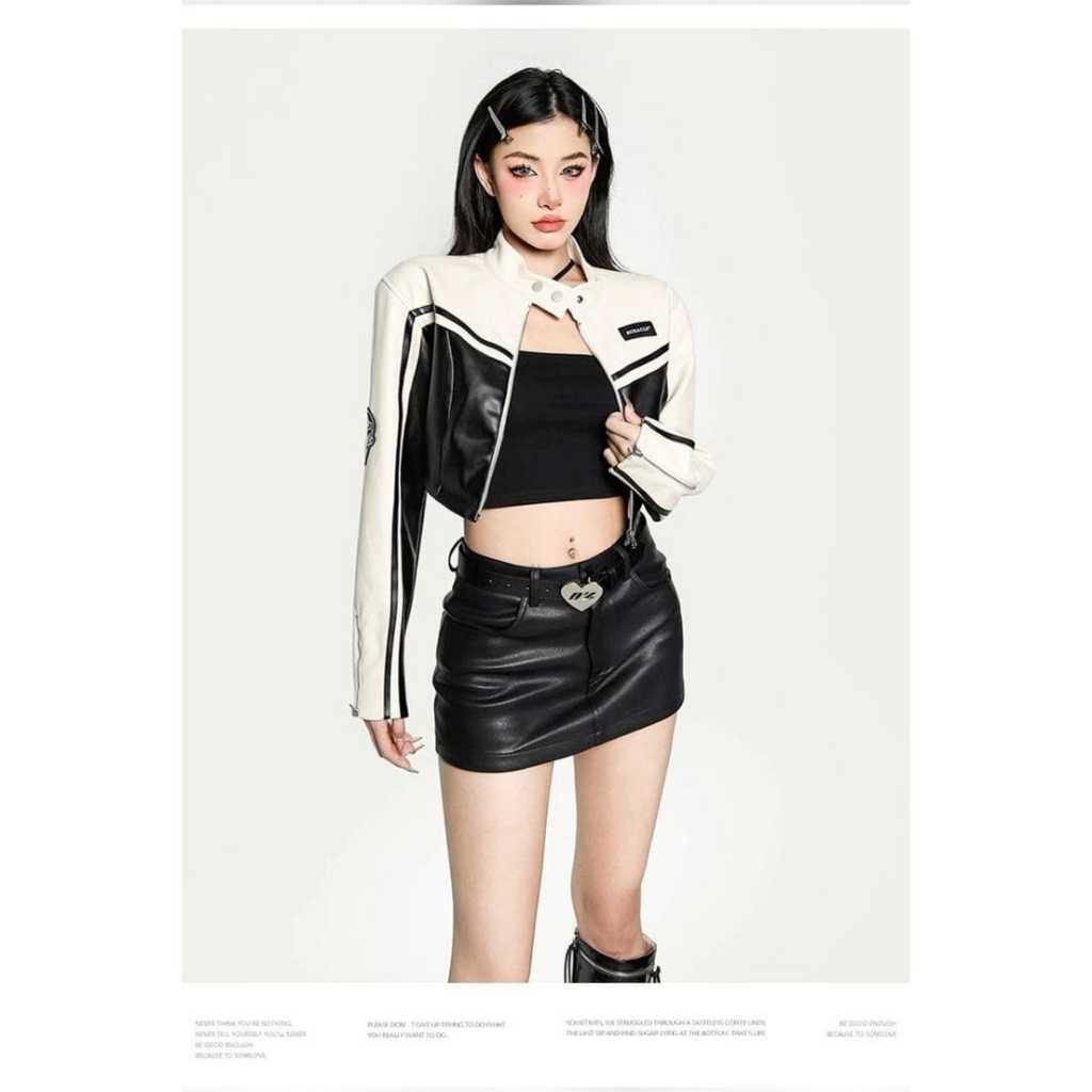 StyleFashion>>Jaket Kulit Wanita Crop Hitam Putih
