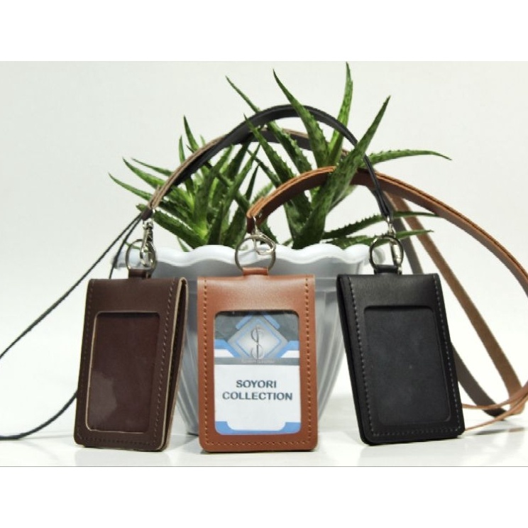 

First Quality name tag id card holder 3 in 1 lanyard kulit pu
