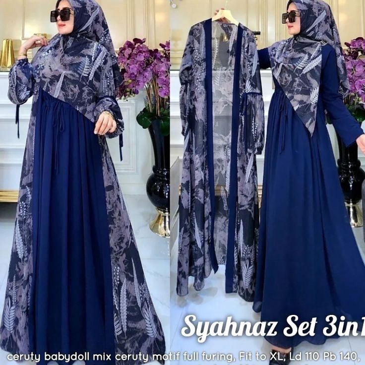 Hot Now  Syahnaz Set 3 In 1 Fashion Setelan Syari Wanita Bahan Ceruty Babydoll Terbaru 223 Gamis  Ke