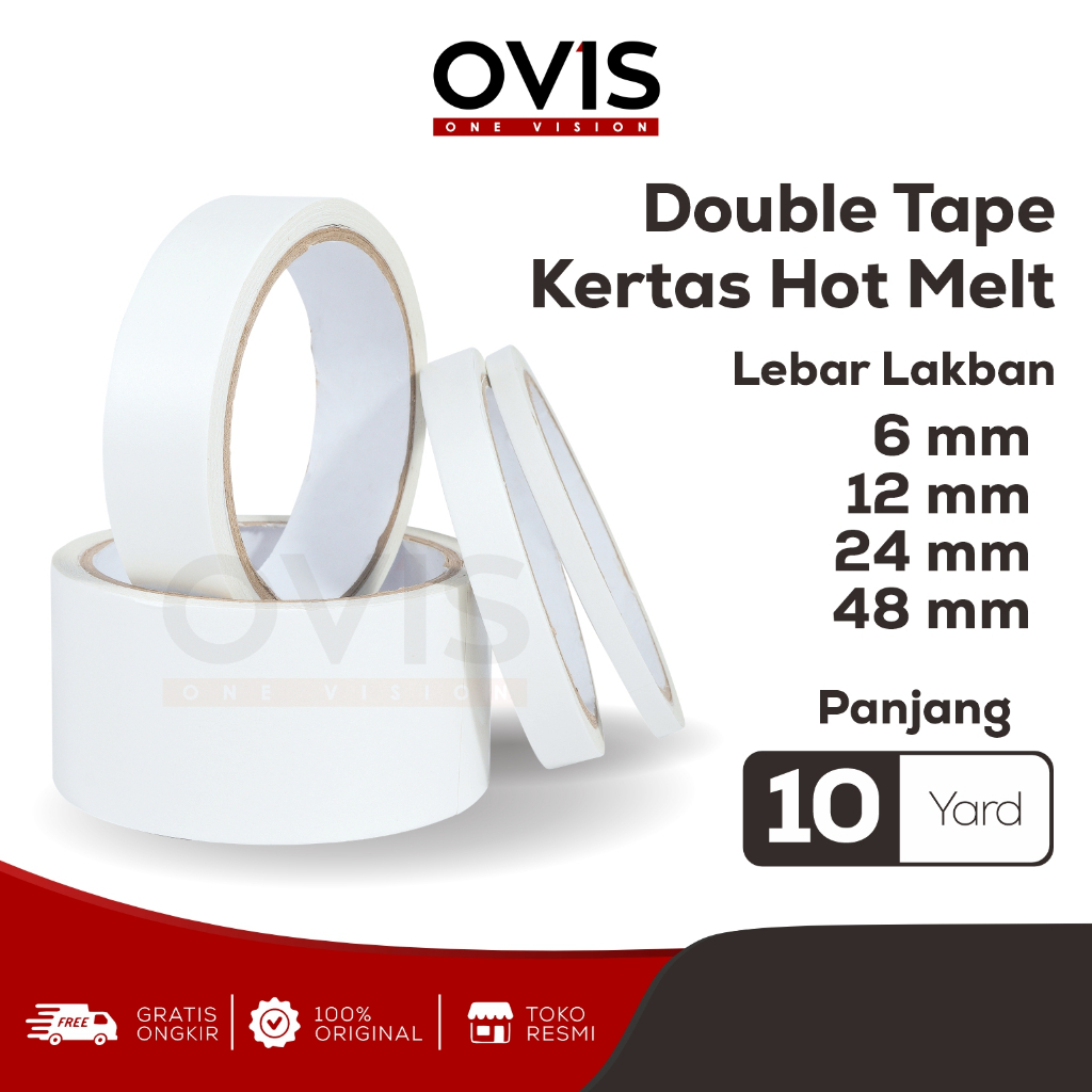 

Double Tape Kertas Hotmelt Isolasi Lakban Isolasi Bolak Balik Ovis 6mm 12 mm 24 mm 48 mm 10 Yard