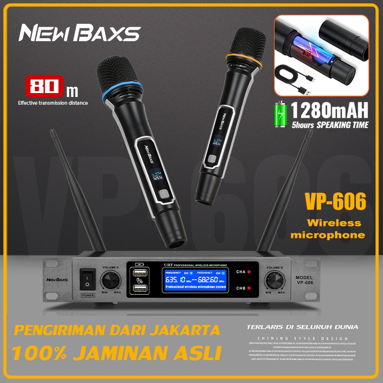 NEW BAXS Rechargeable mic wireless karaoke murah VP-606 wireless microphone Genggam Nirkabel Asli Pr