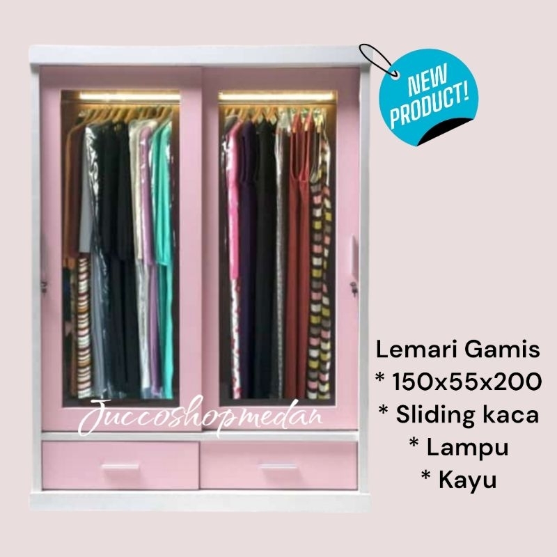 [ Jucco ] Lemari Gamis 2 pintu Sliding Lampu - Lemari Pakaian 2 Pintu Minimalis - Lemari Pakaian Gam