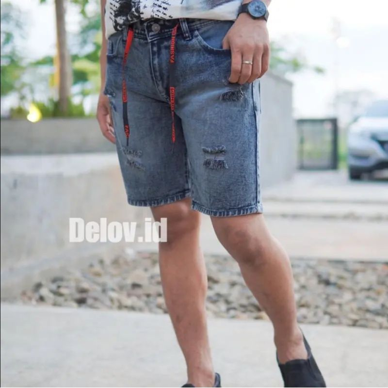 Celana jeans pendek pria riped premium celana jeans pendek sobek atas lutut size 28-33