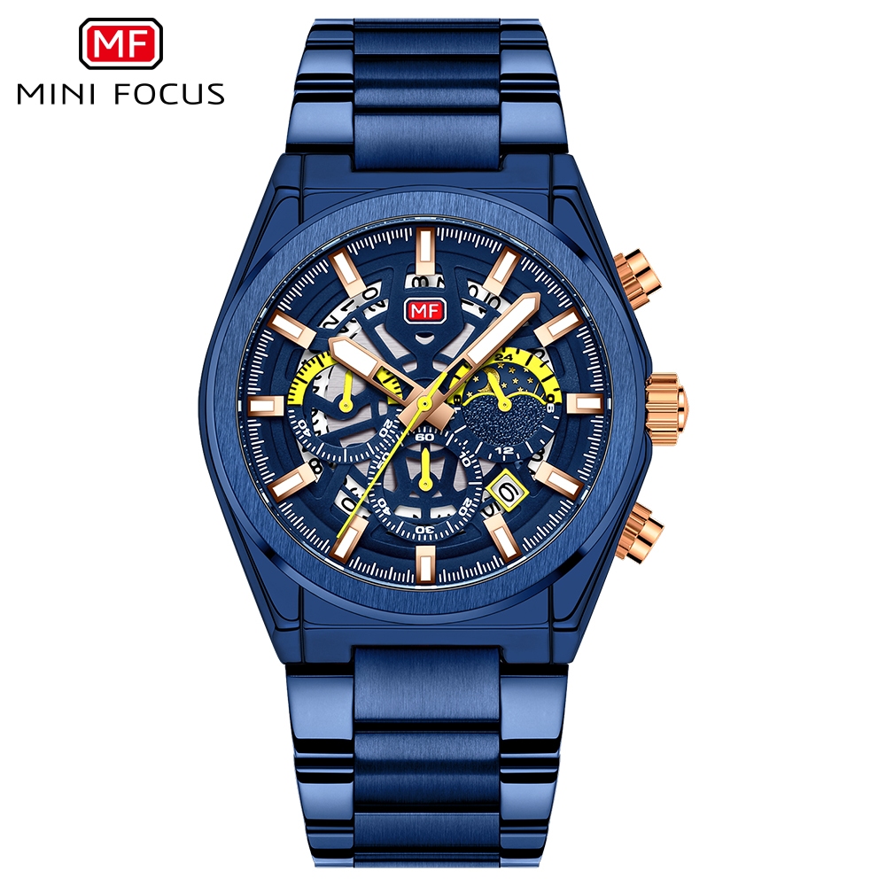 Jam Tangan Pria Mini Focus Elegance Steel Chronograph Original Anti Air