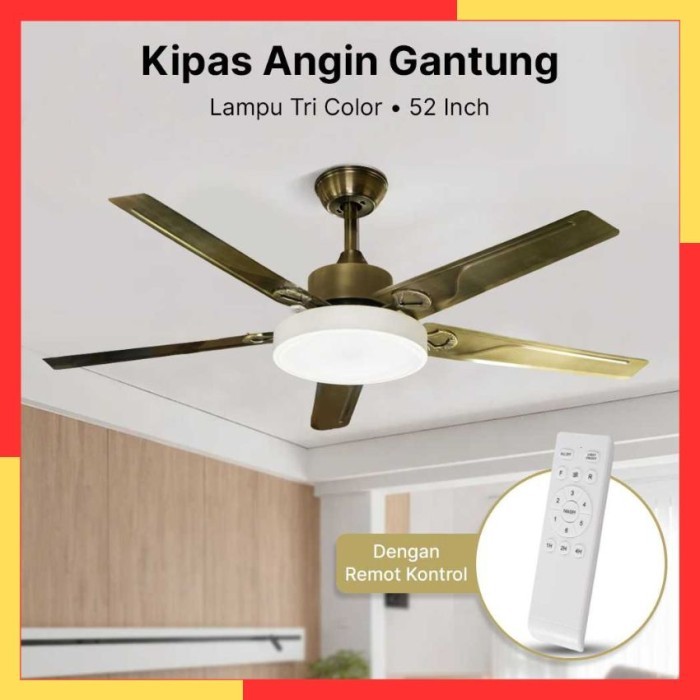 Kipas Angin Gantung Plafon Lampu LED Tri Color 52 Inch Remot Kontrol Ruang Tamu Kamar Tidur Dapur