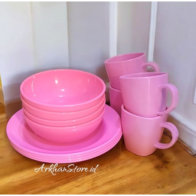 1 Set Peralatan Makan isi 1 Lusin Campur Piring + Mangkuk + Cangkir Melamin Foodgrade Tebal dan Taha