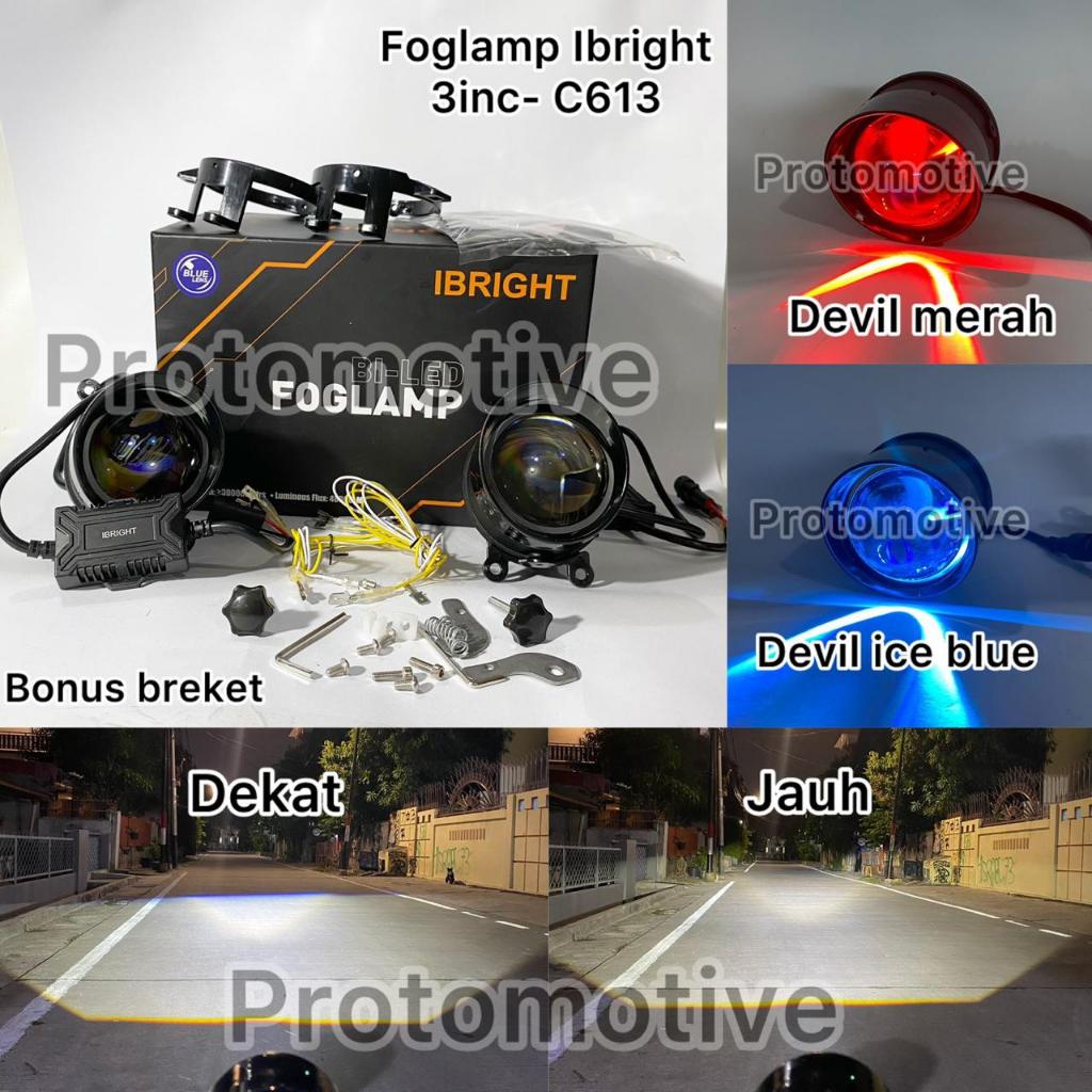 Sepasang Foglamp Ibright C613 Blue Lens 3 Inc High Low Toyota Honda Plus Breket Universal WaterProof