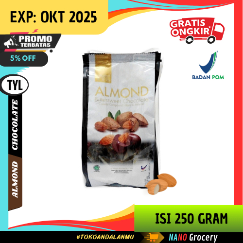 

TYL Almond Bittersweet Chocolate Isi 250 Gram | Coklat Compound Isi Almond