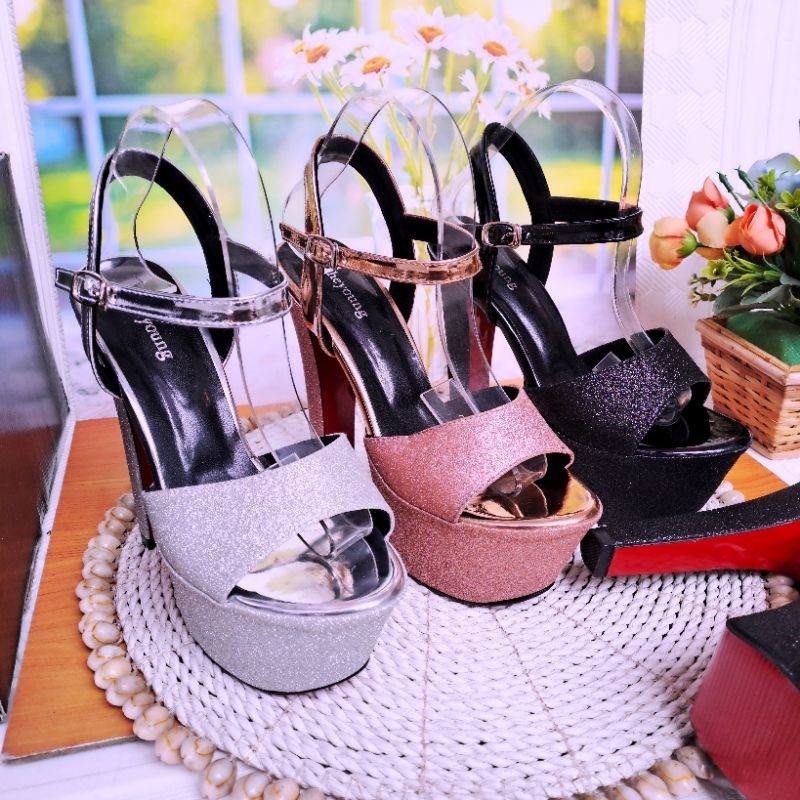 heels tinggi 15cm Sepatu Heels Hak Tinggi 15 cm Glitter untuk Wanita