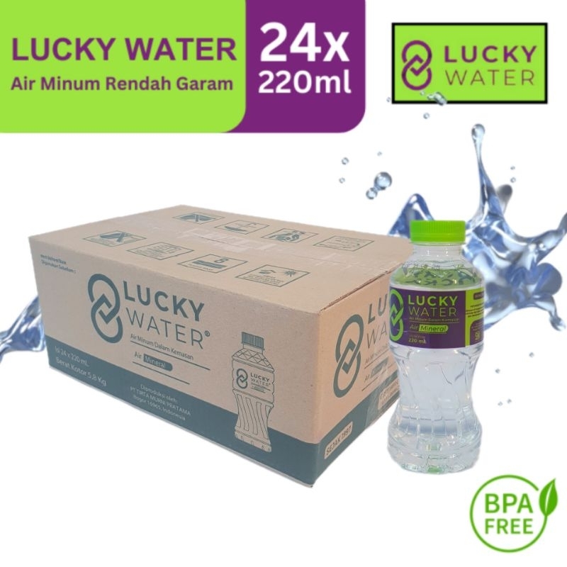 

Lucky Water Air Mineral Botol 220ml pak isi 24 pcs