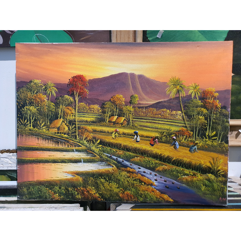hiasan dinding lukisan sawah di waktu senja 80 x 60 cm