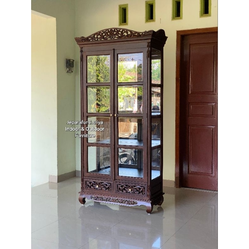 Lemari Hias Ukir Kayu Jati Jepara 2 Pintu I Rak Buku Kaca  Kayu Jati Jepara