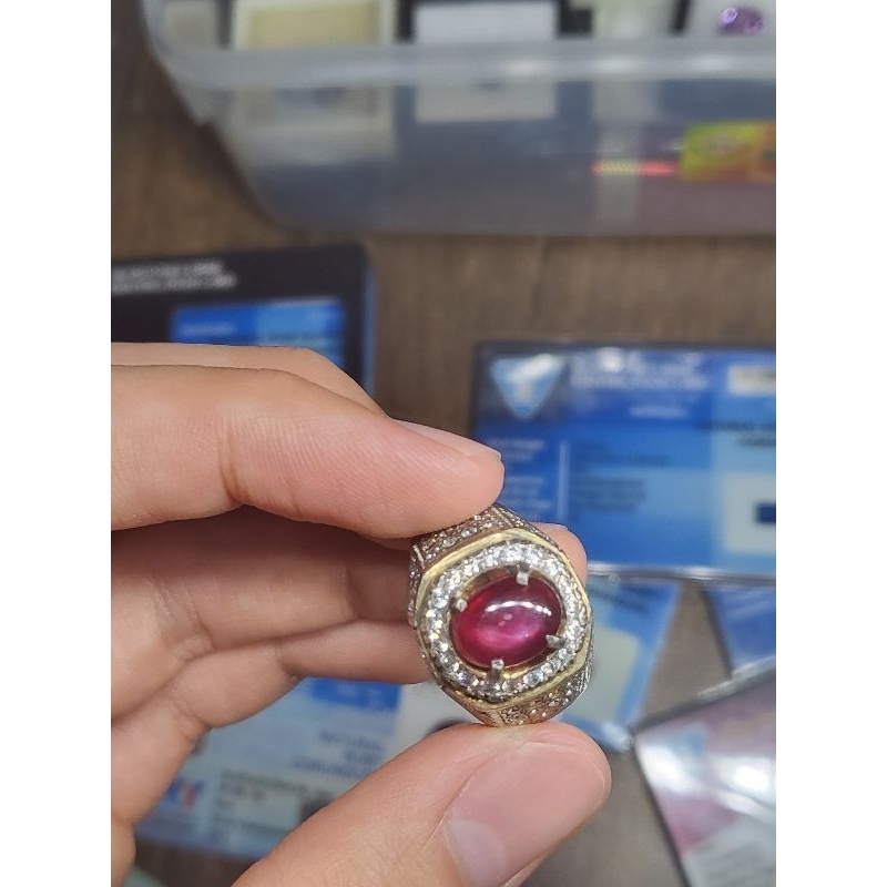 Natural Star Ruby Corundum 3.20 cts + Ring Silver/perak ukuran 20 + memo/sertifikat