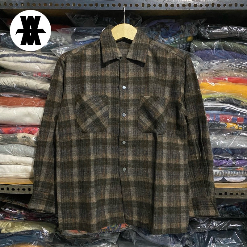 Vintage 70' Matsuzakaya Sportswear Virgin Wool Plaid Flanel L/S Shirt Brown Size 64x52
