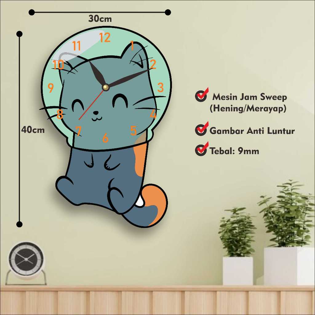 Jam Dinding Kayu Ukir 3D Design Karakter Kucing Lucu