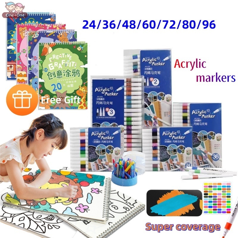 

（Free coloring book）One+One Acrylic Marker Set Spidol Akrilik DIY Painting Spidol Pastel Pulpen Highlight Drawing Warna