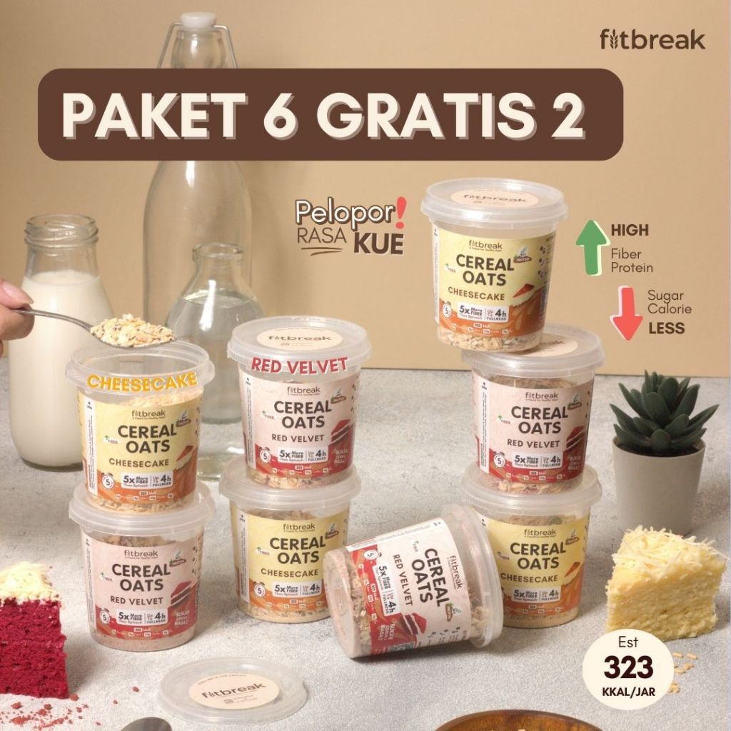 

Paket 6 Gratis 2 Red Velvet dan Cheesecake Protein Oatmeal Fitbreak / Healthy Snack / Instant Oats / Overnight Oats / Diet Friendly / Sarapan / Oatmeal