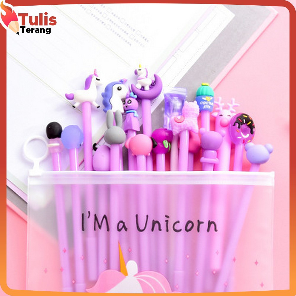 

Pena FREE Zipper Pouch Tempat Pensil Transparan Pulpen Gel Karakter Lucu Set Isi 20PCS Tulis Terang A15