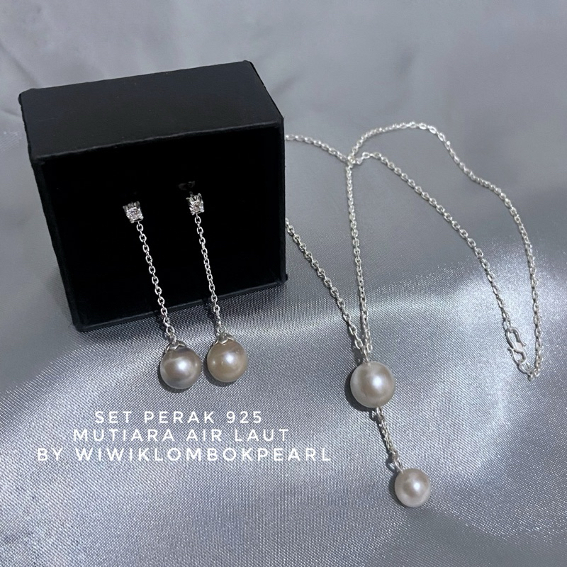 Set Perak 925 Mutiara Air Laut Asli Lombok Bersertifikat & box perhiasan Perak 925 asli Kombinasi Mu
