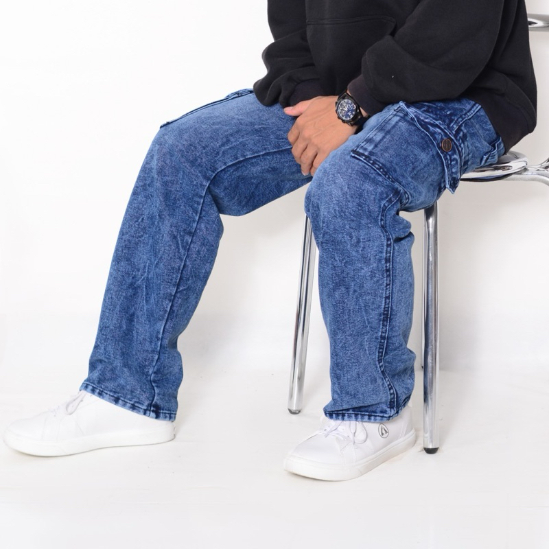 Celana Cargo Jeans Pria | Celana Kargo Loose Fit Reguler | Kargo Baggy Gombrang Premium