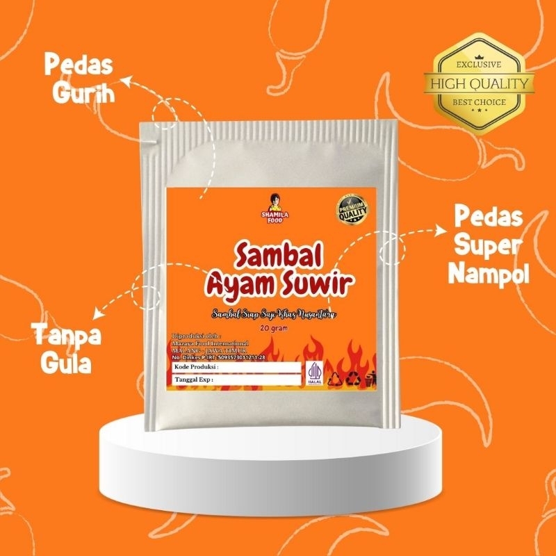 

Sambal Shamila | Sambal Ayam Suwir Sachet 20 Gram | Sambal pedas Gurih | 100% tanpa Gula