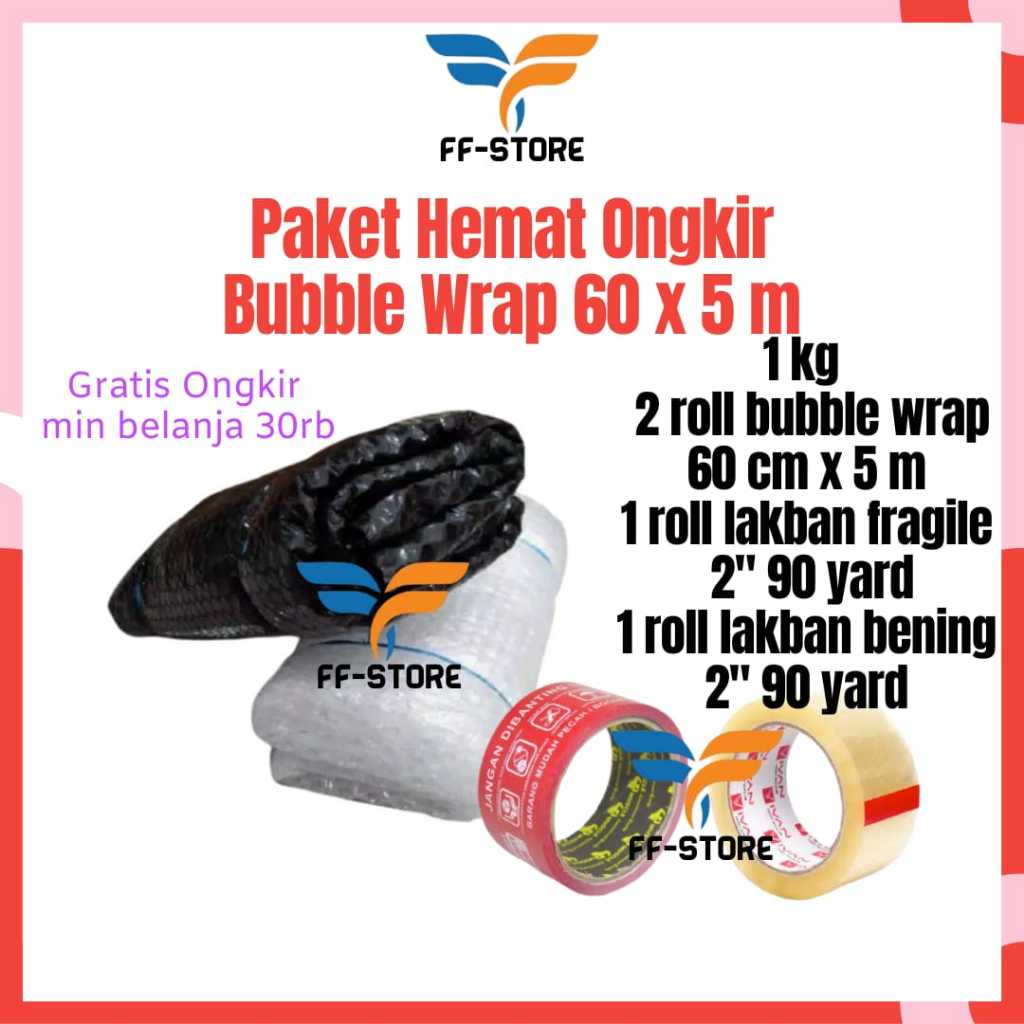 

[5Mx60Cm] Paket Lengkap Bubble Wrap Tebal 60 cm x 5 meter Lakban Bening Lakban Fragile Tape Dispenser Gunting Starter Pack Packing Online Shop