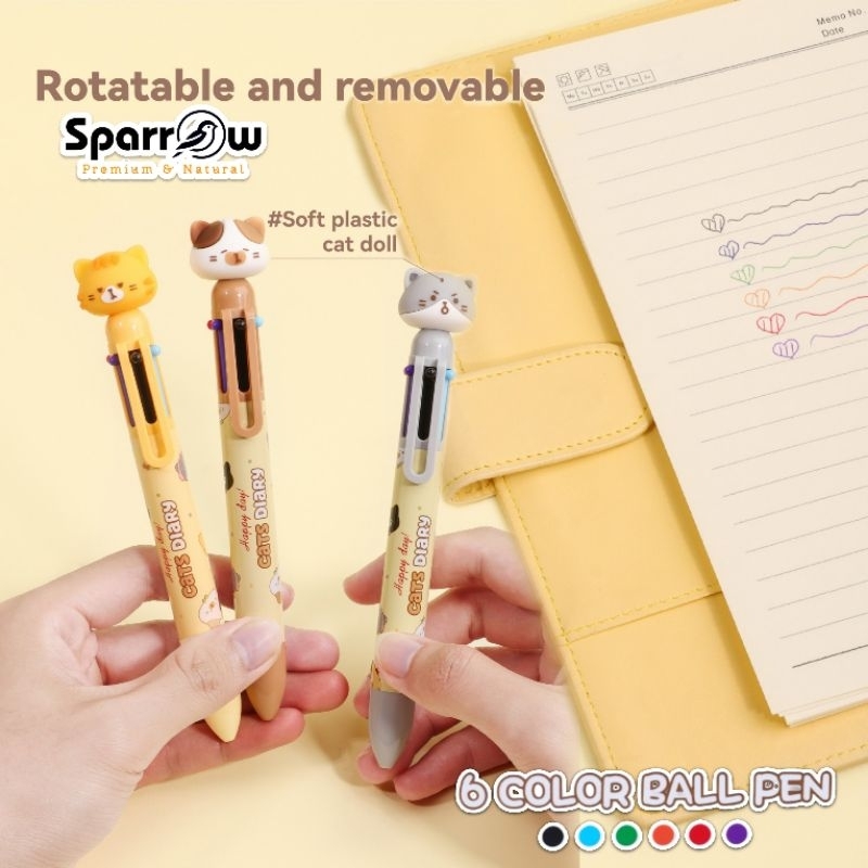 

Sparrow ball pen isi 6 warna karakter kucing Cat Diary 6894