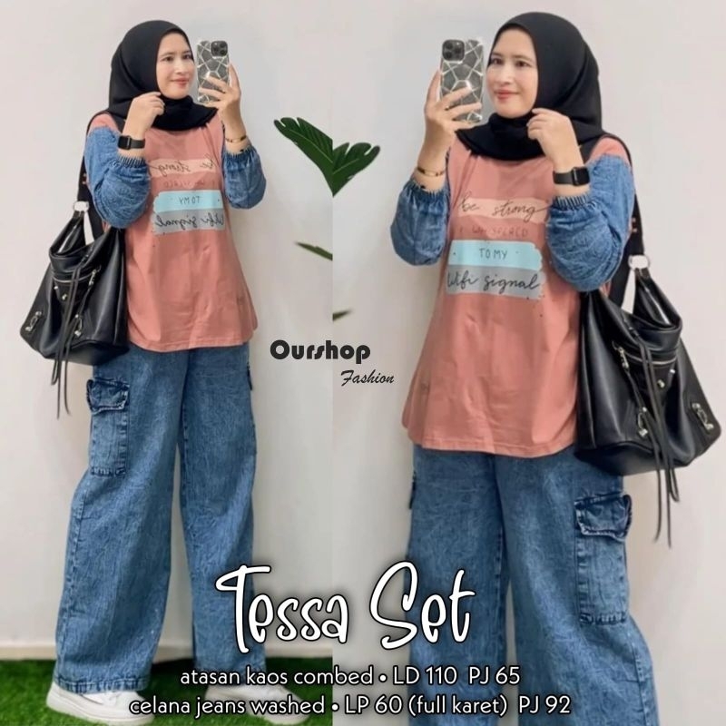 (Set kekinian) Tesa set ORI Ourshop// setelan wanita celana jeans mix kaos blouse LD 110cm
