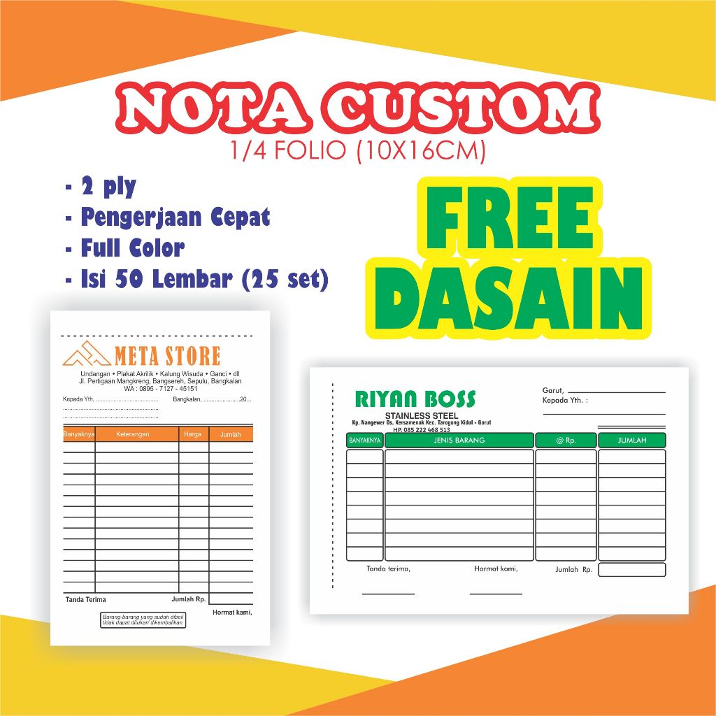 

Nota Custom 1/4 Folio bahan kertas NCR 1ply/2ply