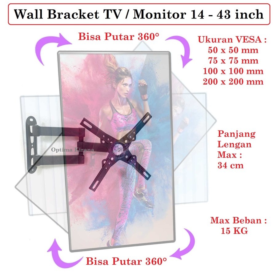 Wall Bracket Full Motion Gerak Tekuk 2 Lengan Dual Arm Monitor PC Breket Dinding Tembok Putar Rotary