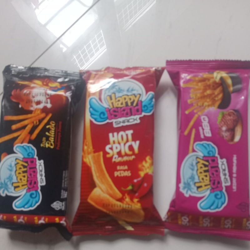

Snack Viral Happy Island - 1 paket terdiri dari Hot Spicy, Balado dan BBQ