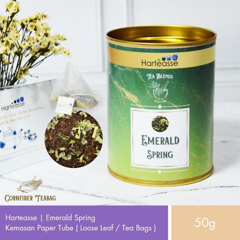 

Harteasse | Emerald Spring | Teh Hijau Jasmine dan Pandan | Kemasan Composite Plug | 25 Tea Bags (50gr)