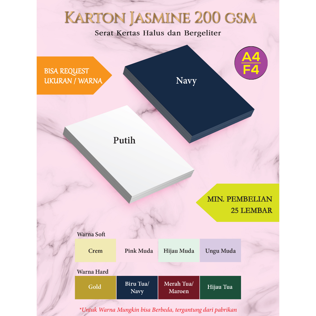 

Bahan Kertas Concorde, Jasmine, Akasia, Art Carton, Art Paper, Tik dan Linen UK A4 dan F4