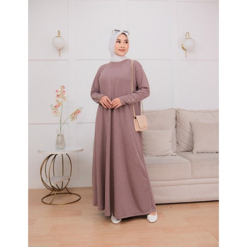 Gamis Inara Batwing Button Knit Premium Kekinian Kancing Gold