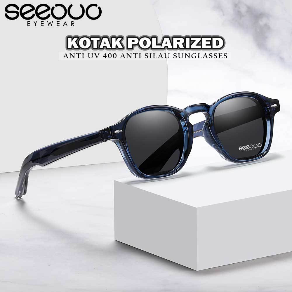 Seeouo Sunglasses Model Kotak Asian Fit Frame Bold TR90 Anti UV Protection Polarized Lensa Kacamata 