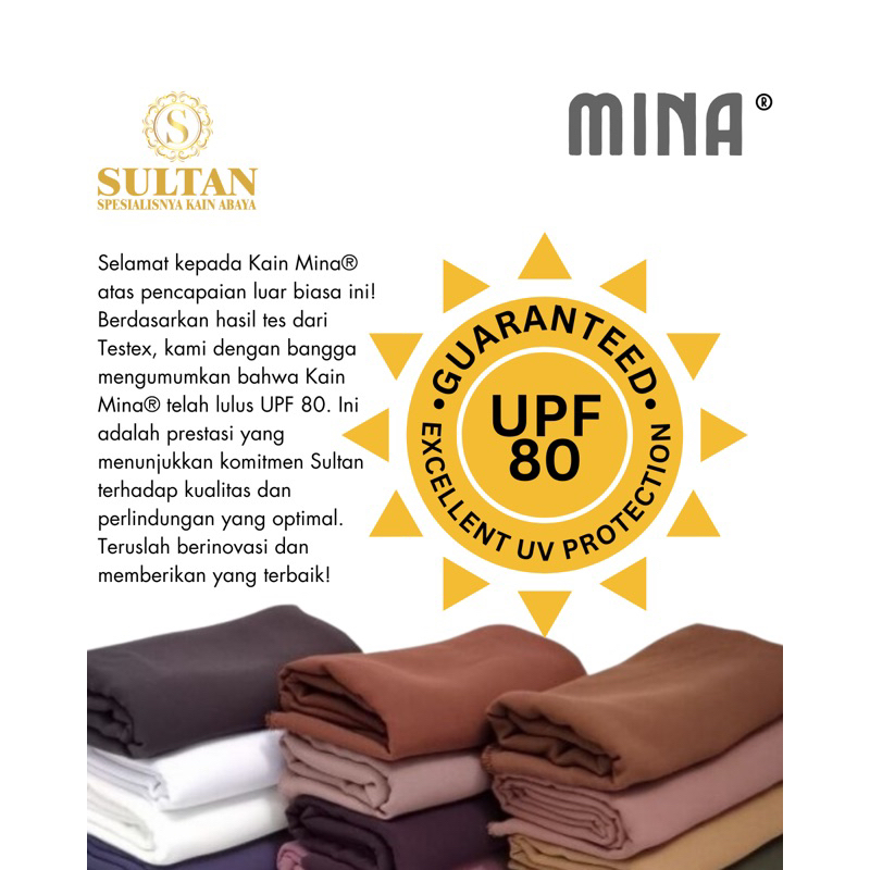 50CM MINA ANTI UV UPF 80 POLOS WARNA LENGKAP KAIN ABAYA SULTAN