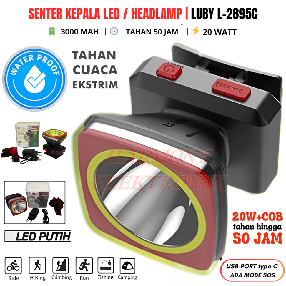 Luby Senter Kepala L-2895c 20w + Cob Led Rechargeable Cahaya Putih | Senter Kepala Luby L-2895-C Sen