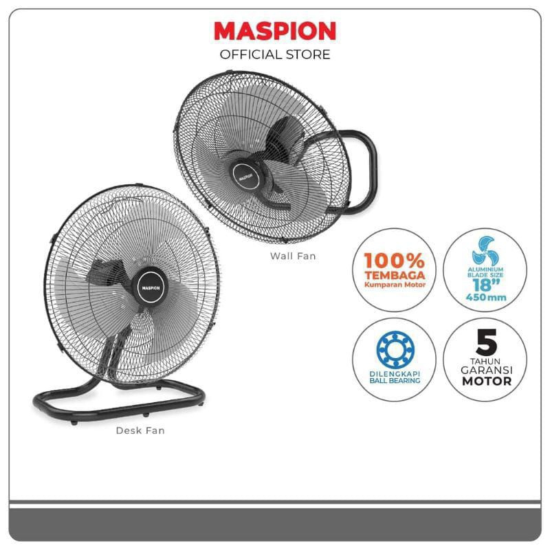 MASPION Kipas Angin Meja 18 inch 2in1 Baling Besi PW-450 D | Kipas Meja & Dinding
