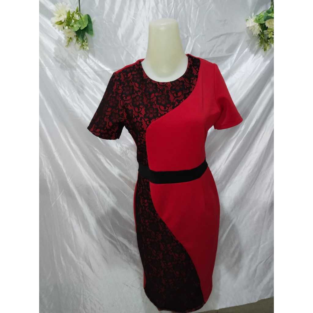 Dress wanita Brukat lengan pendek Merah Preloved