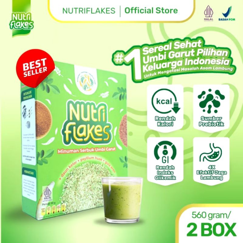 

Paket 2 Box Nutriflakes Minuman Serbuk Umbi Garut plus daun kelor psyllium husk plus gula aren