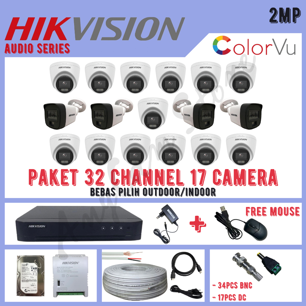Paket CCTV Hikvision ColorVu 2MP 32 Channel 17 Kamera ColorVu Turbo HD 1080P Audio Series