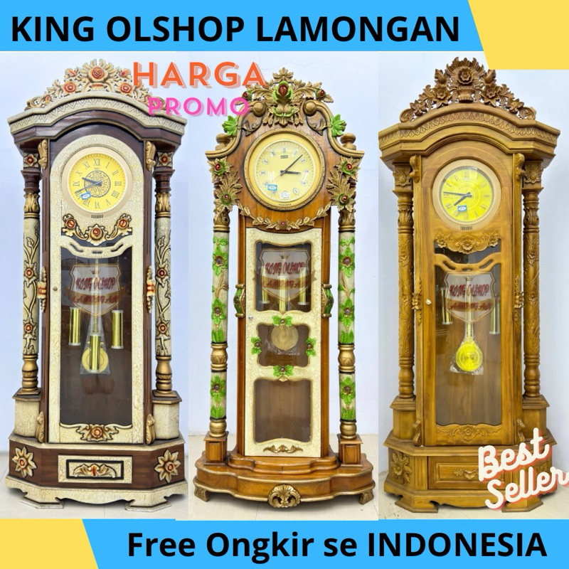 Jam Dinding Berdiri Kayu Jati Hias Mawar / Oyot Marmer / Rose [LAMONGAN]
