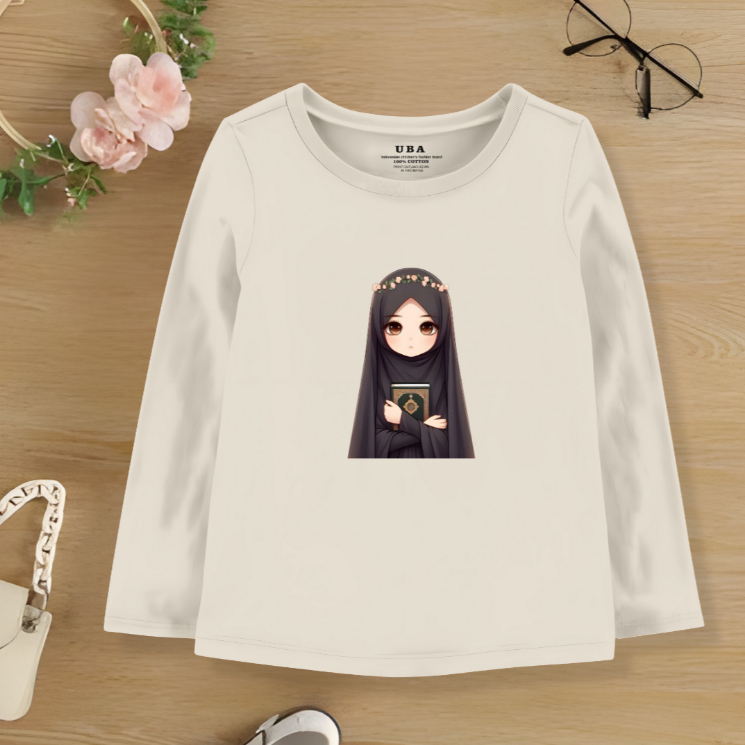 Baju Kaos Muslim Anak Perempuan 6-14 Tahun Cotton Combed Kaos Lengan Panjang Anak Perempuan HIjab Hi