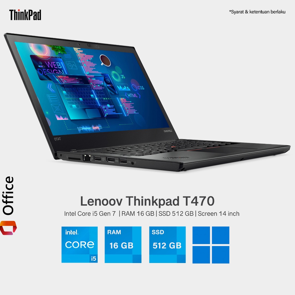 Laptop Lenovo Thinkpad T470 Core i5 Gen 7 Ram 16 GB SSD 512 GB Layar 14 Inch Touchscreen