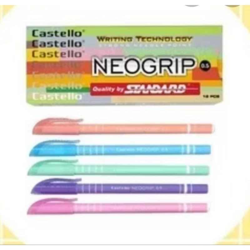 

PULPEN STANDAR PEN CASTELLO NEOGRIP WARNA WARNI.ISI 12 PCS/ PACK.